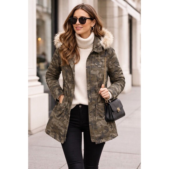 Express Jackets & Blazers - Express Women’s Sz M Camo Hooded Coat Jacket Soft Faux Fur Lined Removable Vest